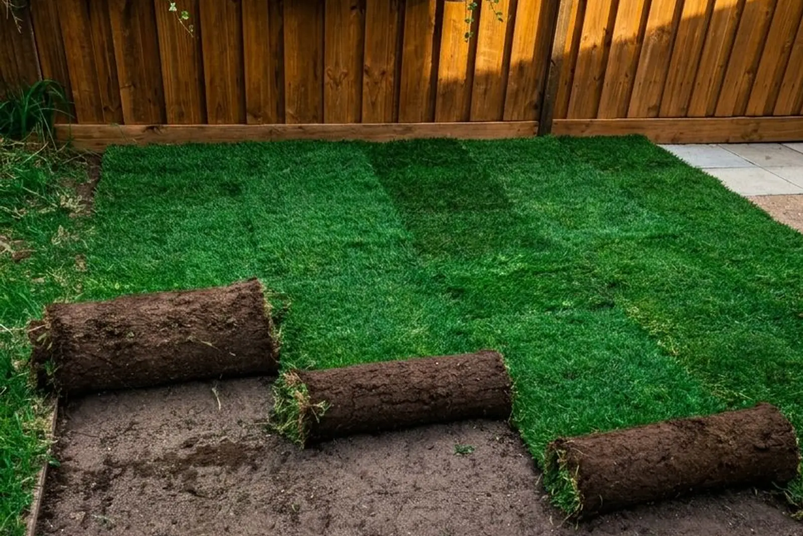 Fresh natural turf being installed in a Melbourne backyard