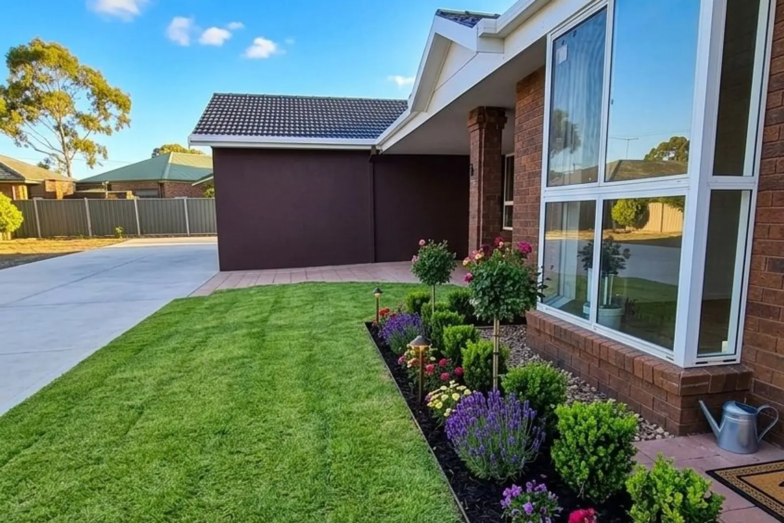 New natural turf beside a mulched front garden border of lavender, roses and clipped shrubs along a brick home