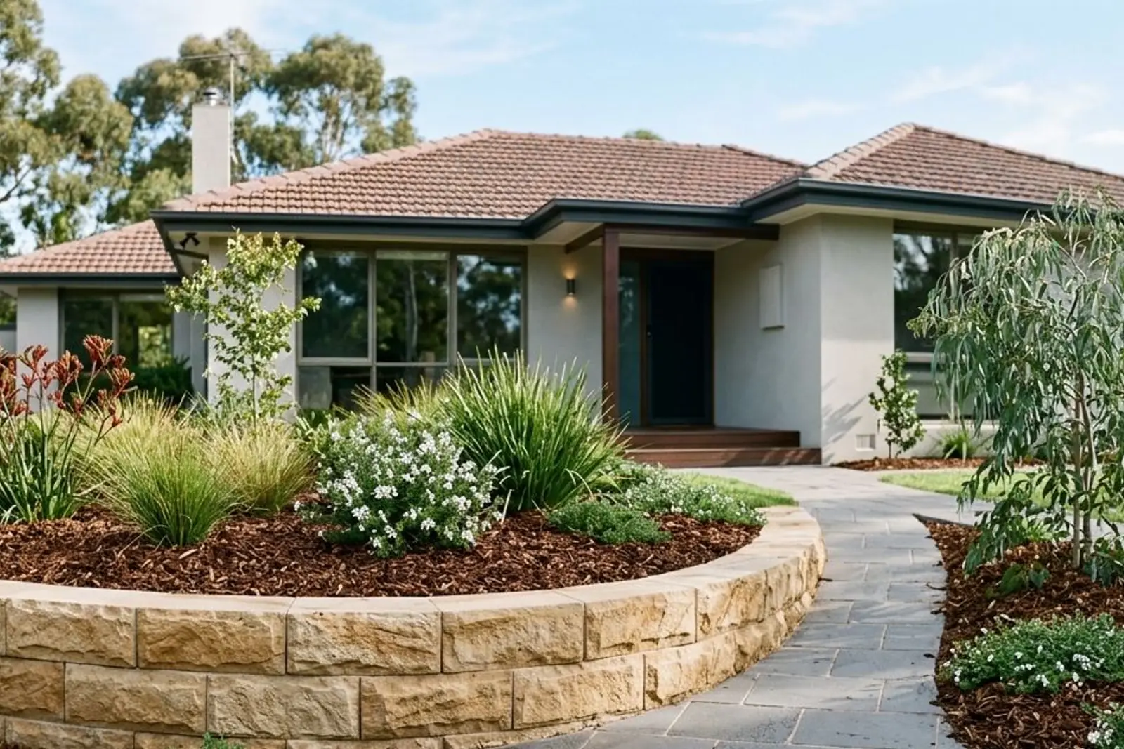 Curved stone retaining wall supporting a landscaped front garden