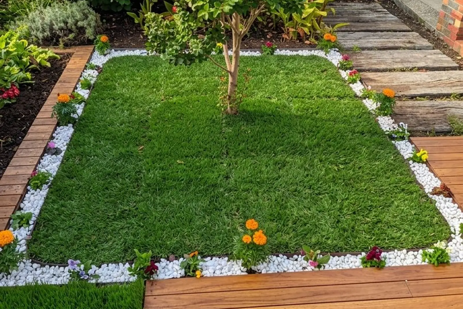 Small courtyard garden with a square of new natural turf under an established tree, framed by white pebbles, flowering plants and a timber sleeper path
