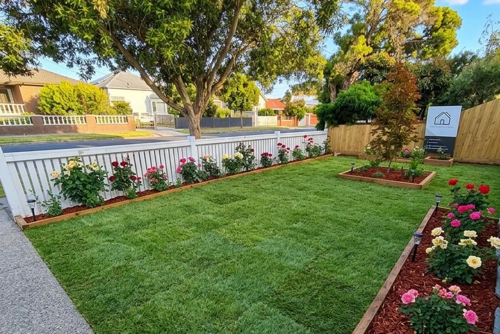 Freshly laid natural turf, roll joins still visible, between new rose beds edged in timber