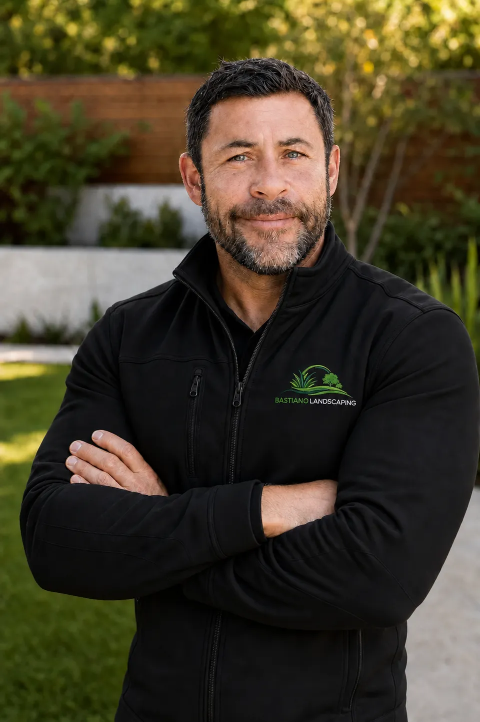 Sebastian Caus, owner of Bastiano Landscaping, standing in a completed landscaped garden