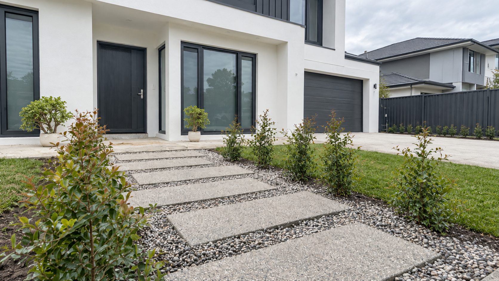 Exposed-aggregate stepping-stone path with pebble borders leading to the charcoal front door of a modern two-storey home, beside new lawn and garden beds