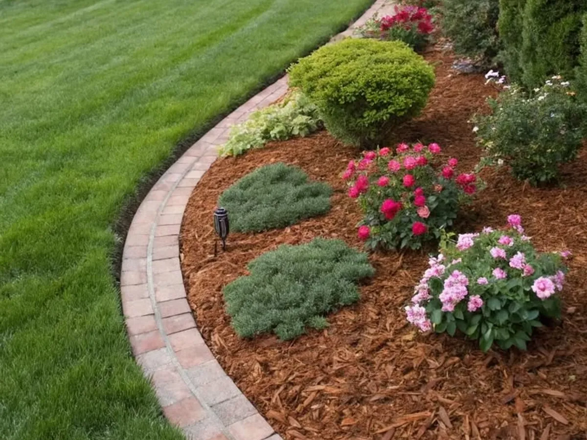 Neat mulched garden bed with flowering shrubs beside a healthy lawn