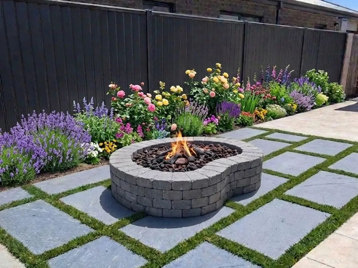 Paved courtyard with a round block fire pit, large pavers with grass joints and a flowering garden border along a dark fence