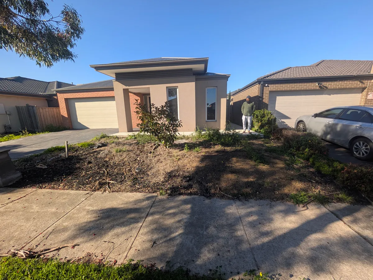 Before: weed-covered mound in front of a new build
