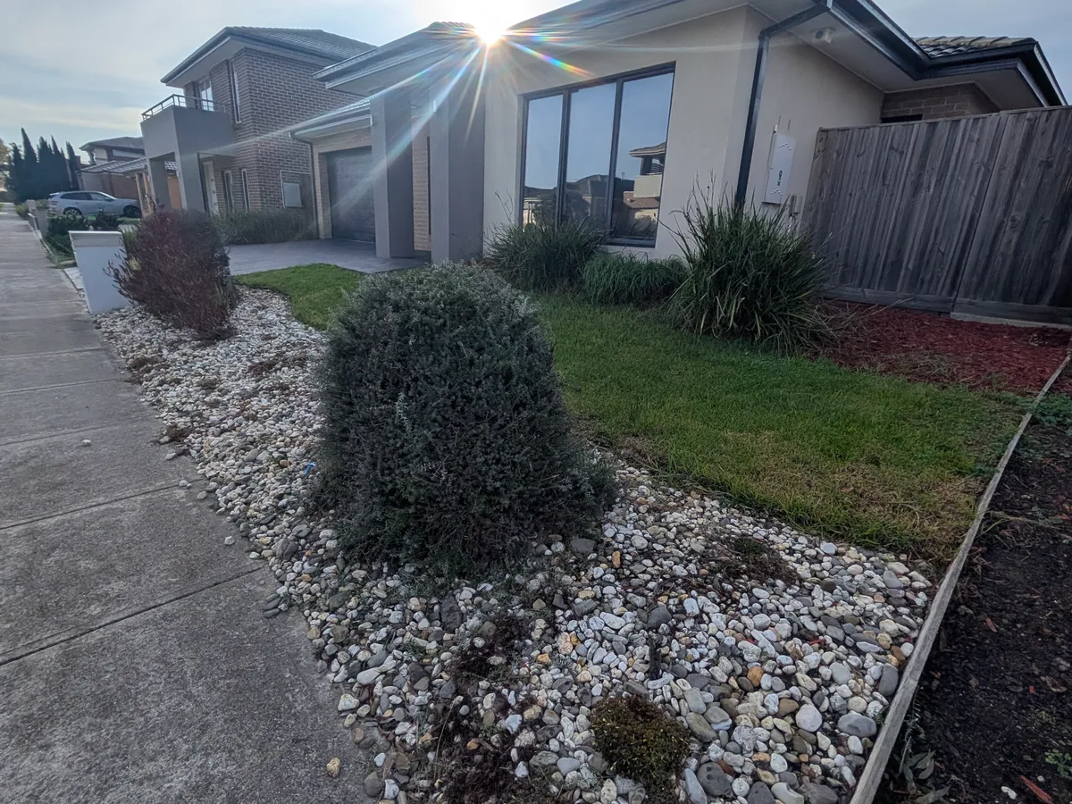 Before: a sloping corner frontage with tired lawn, loose pebbles and a few shrubs along the footpath