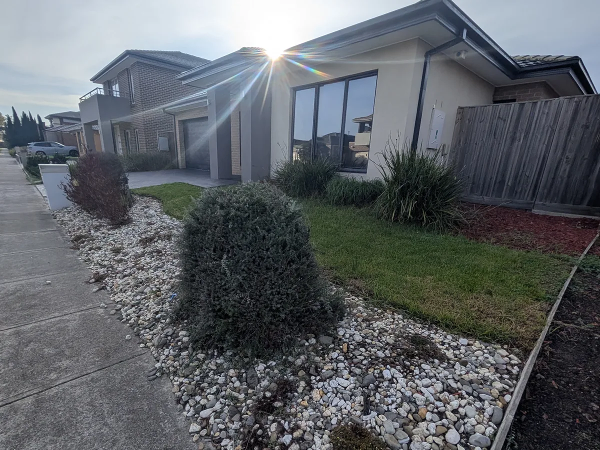 Before: sloping corner frontage with ageing lawn, pebble beds and tired shrubs