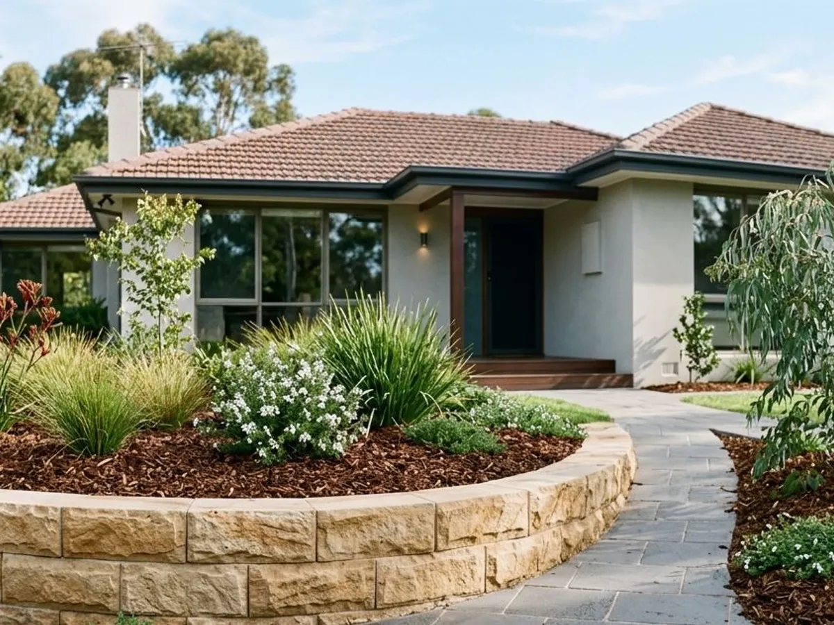 Front yard rebuilt with wall, path, beds and lawn as one design