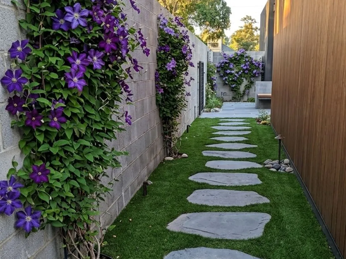 Stepping stones through a synthetic turf side garden