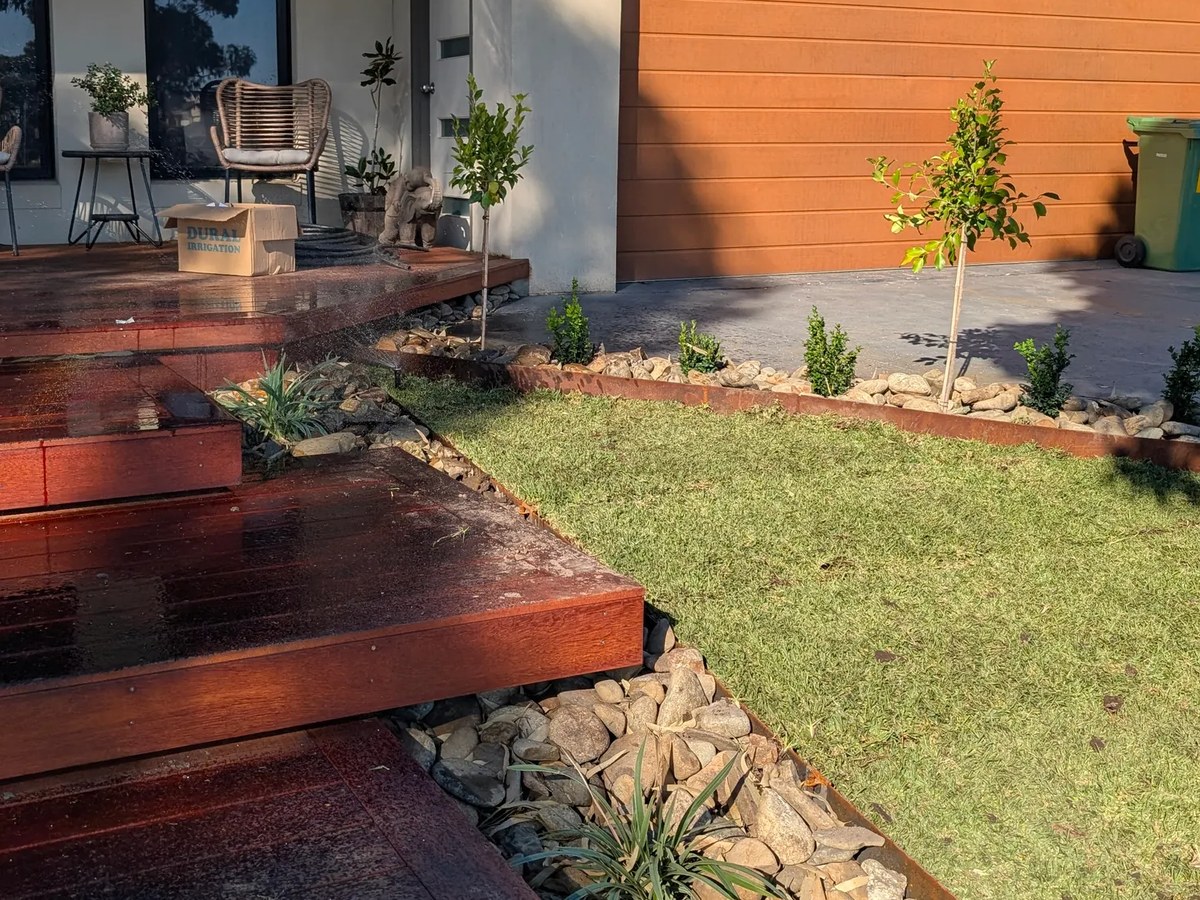 Custom landscaped front yard with timber deck steps, new lawn and a potted feature tree by Bastiano Landscaping