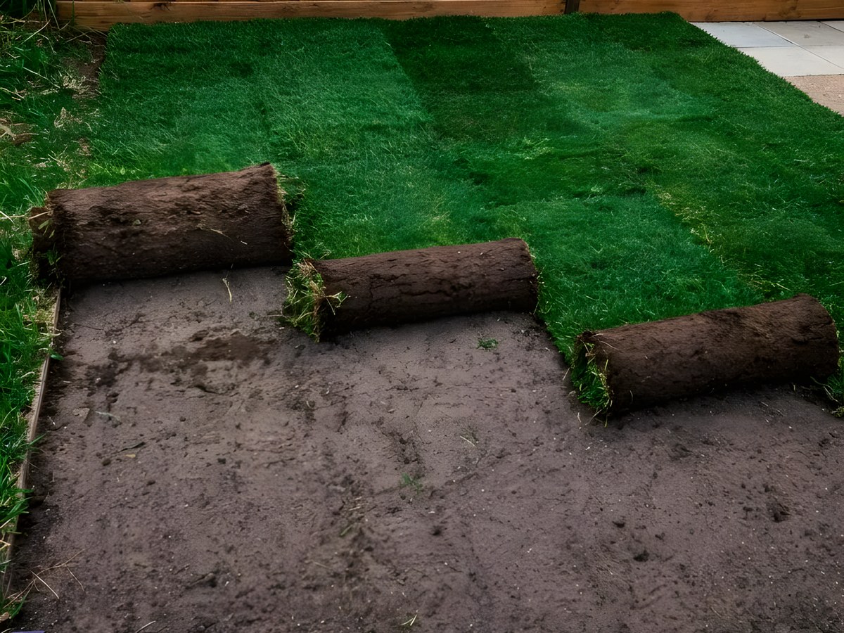 Fresh natural turf rolls being laid in a backyard beneath a timber fence hung with flowering pots